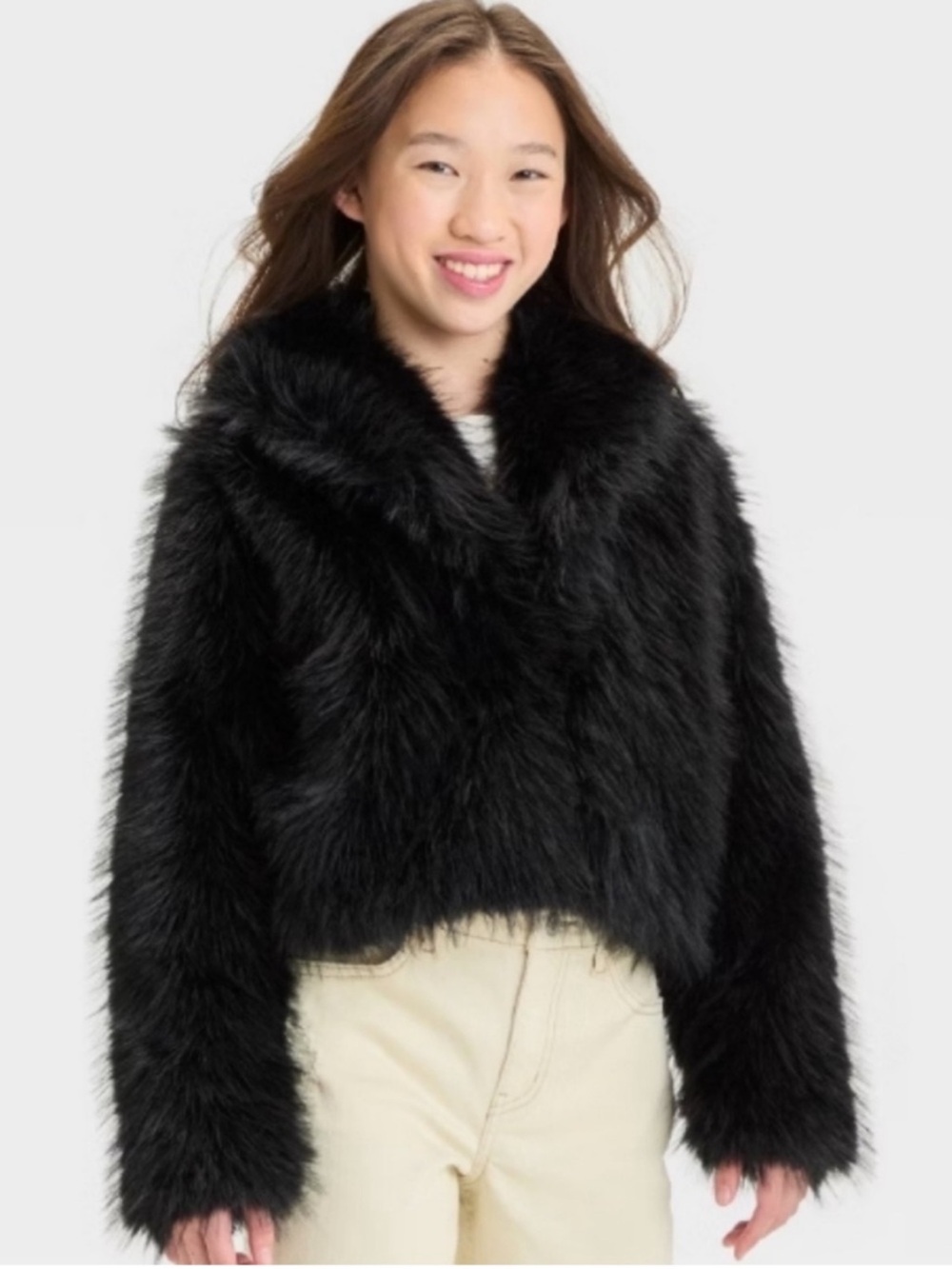 Art class faux fur fluffy black kids coat